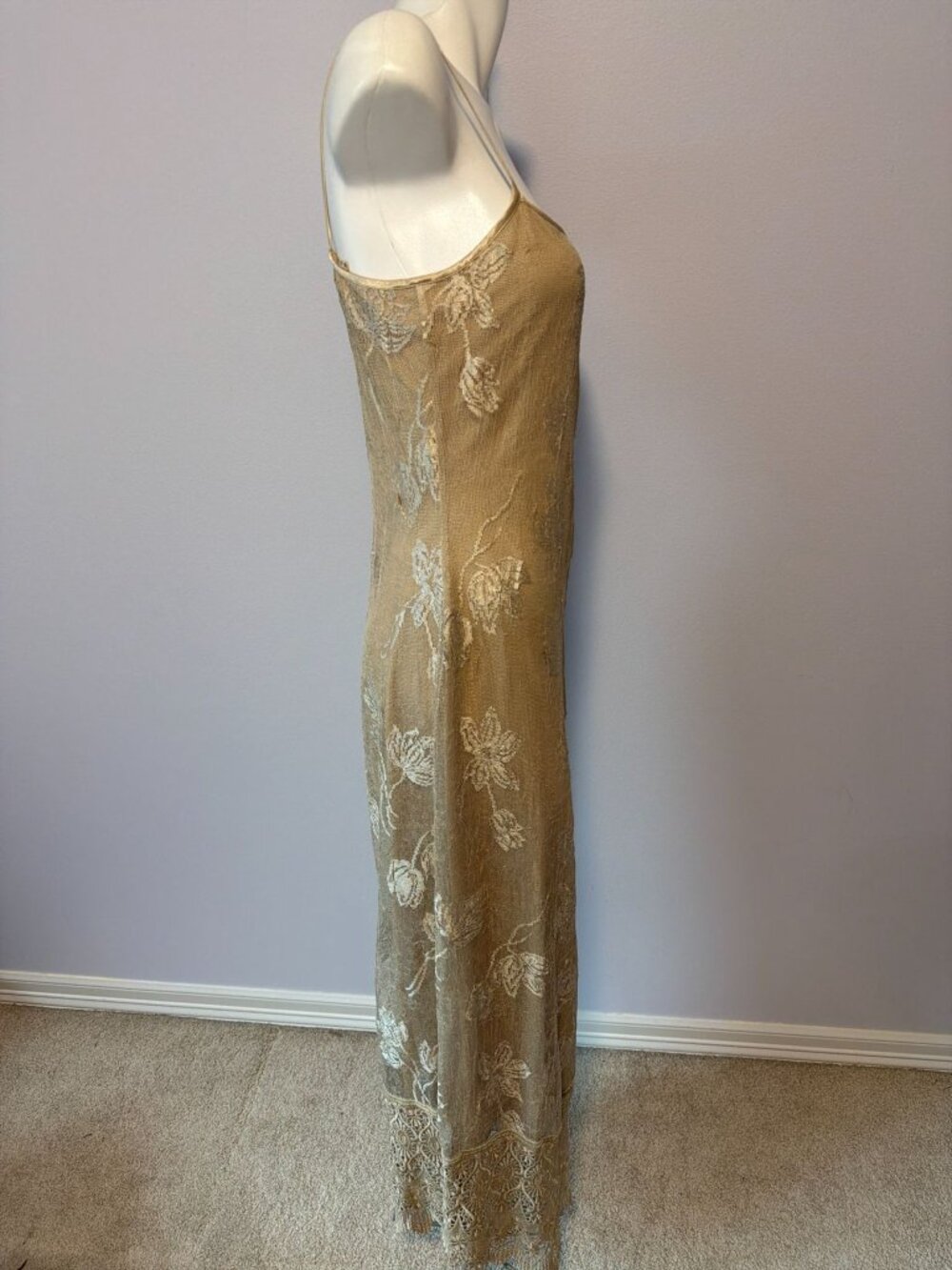 Vintage Y2K Mesh Maxi Skirt Floral Gold Beige Sheer Overlay Lined Dress Medium M - Picture 7 of 7